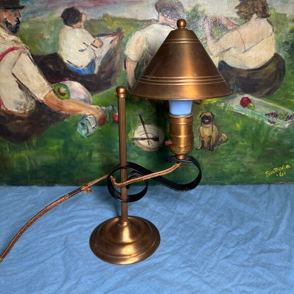 Vintage 30s Copper Desk Lamp and Clip Shade Black Iron Detail Cloth Cord - Picture 1 of 10